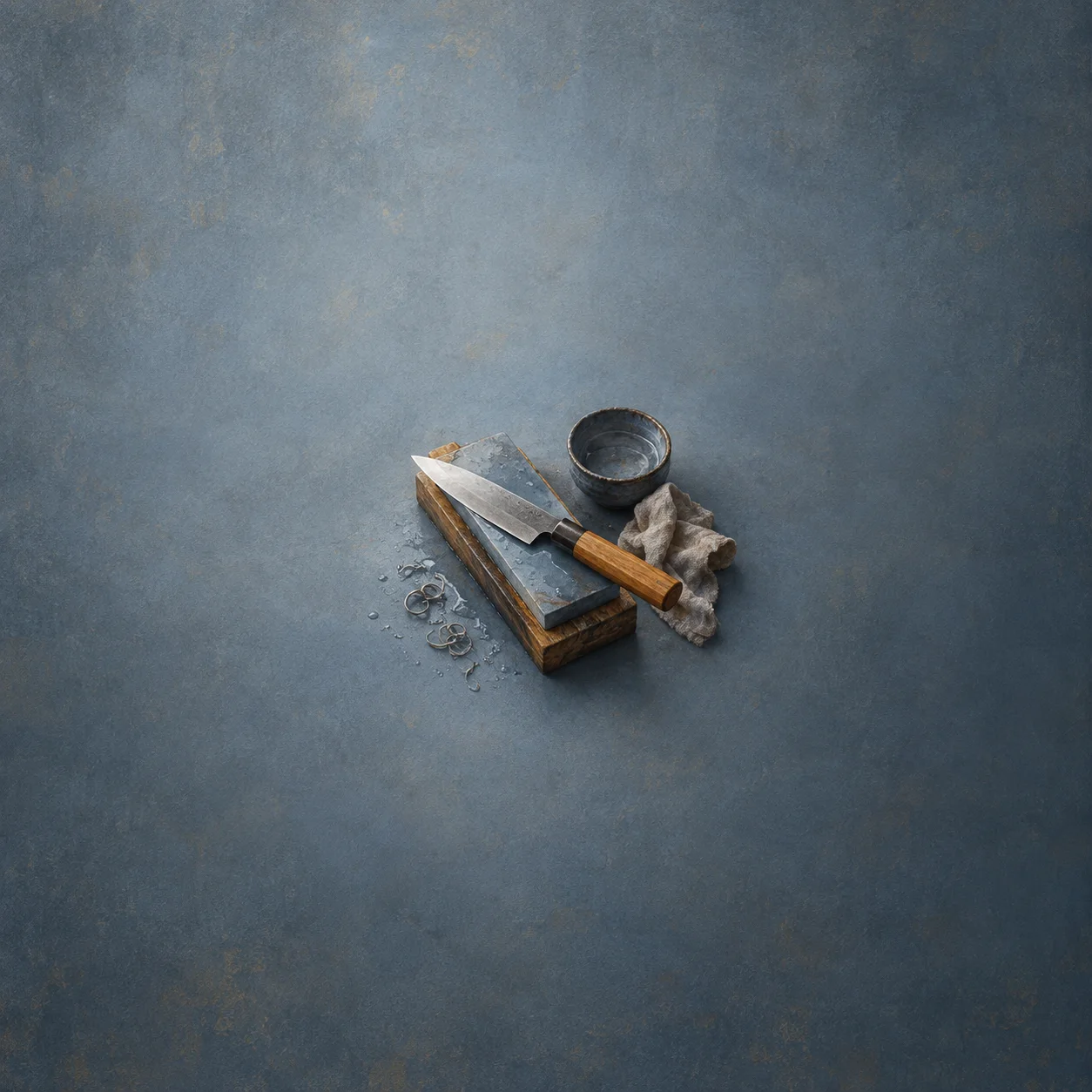 Painterly kitchen knife resting across a whetstone beside a dark cup and grey cloth.