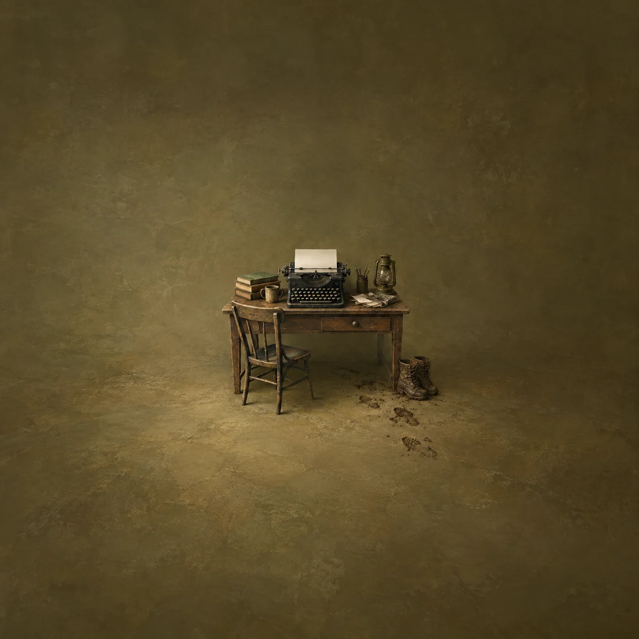 A typewriter with a blank page sits on a wooden desk beside books and a lamp, with boots and muddy tracks nearby.