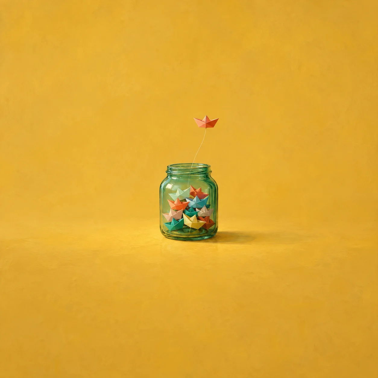 A green glass jar full of colorful paper boats with one boat lifted above the rim on a thread.