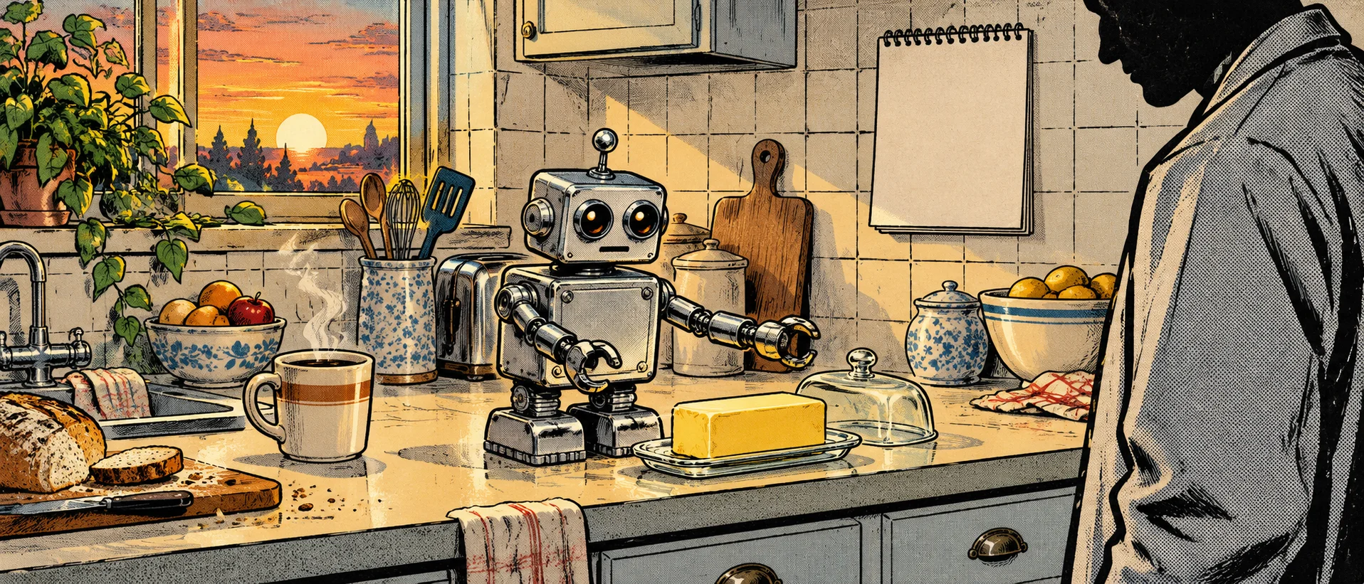 A small chrome robot holds a stick of butter on a sunny kitchen counter while a tall man in a lab coat looks down at it.