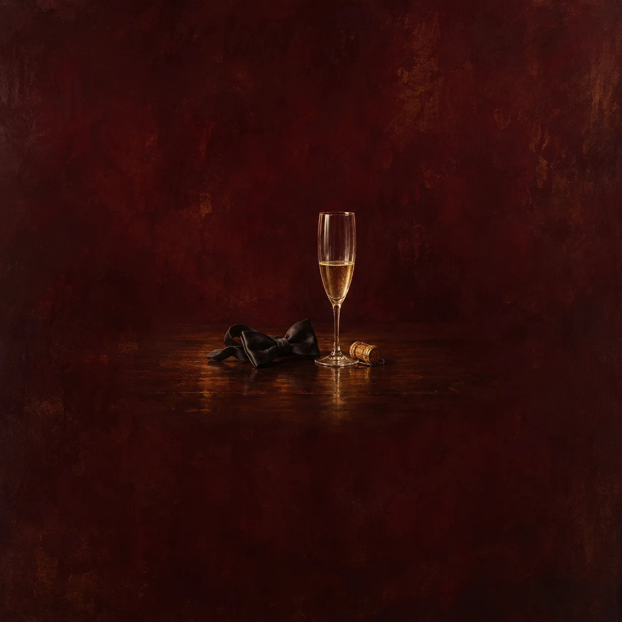 A black bowtie and cork lie beside a partly filled champagne flute on a dark wooden surface against a burgundy background.