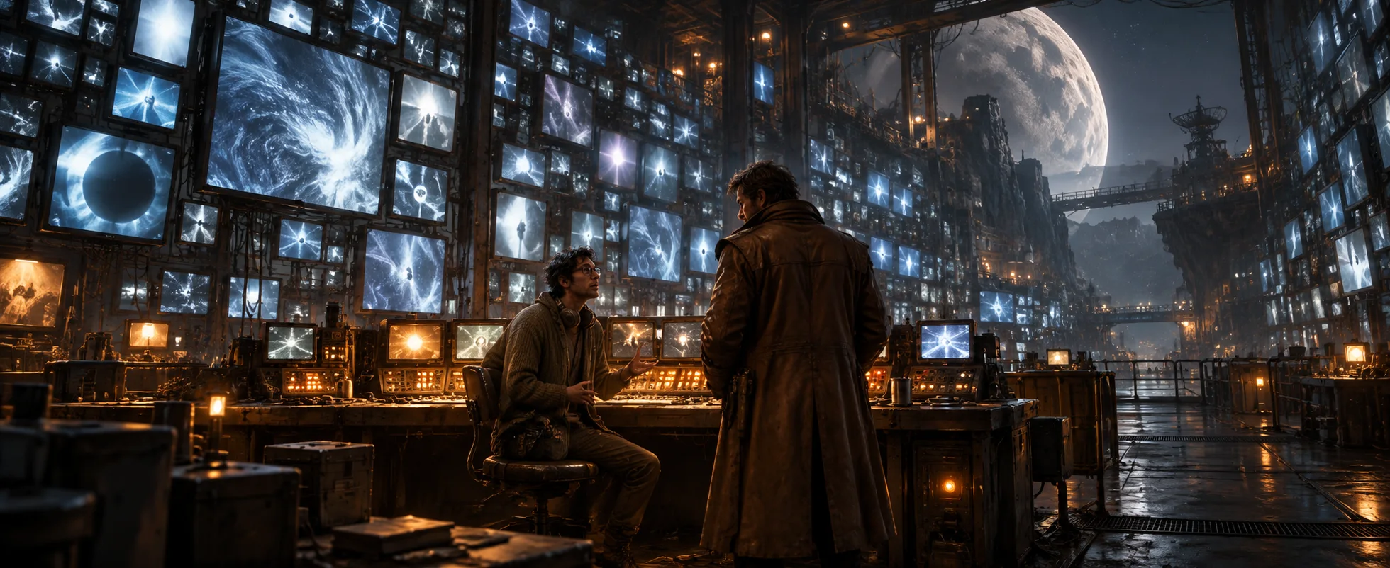 A thin techie in a cardigan turns from a console to a captain in a long brown coat in a vast room walled with glowing screens.