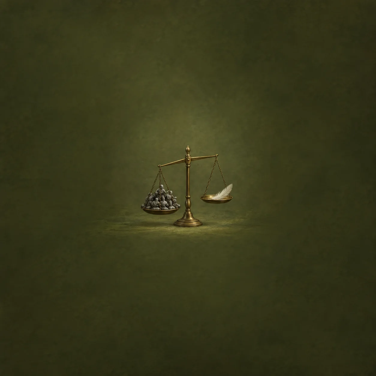 Brass balance scales hold a pile of grey pebbles in one pan and a pale feather in the other.