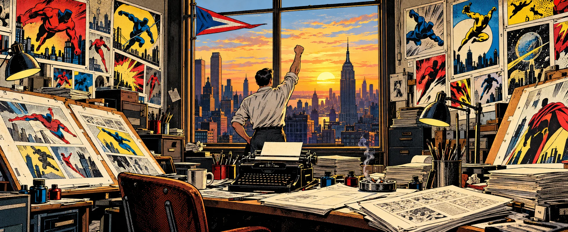 In a 1960s comic-book bullpen walled with colourful pinned-up pages, a figure in shirtsleeves raises a fist at a window over the Manhattan skyline at sunset.