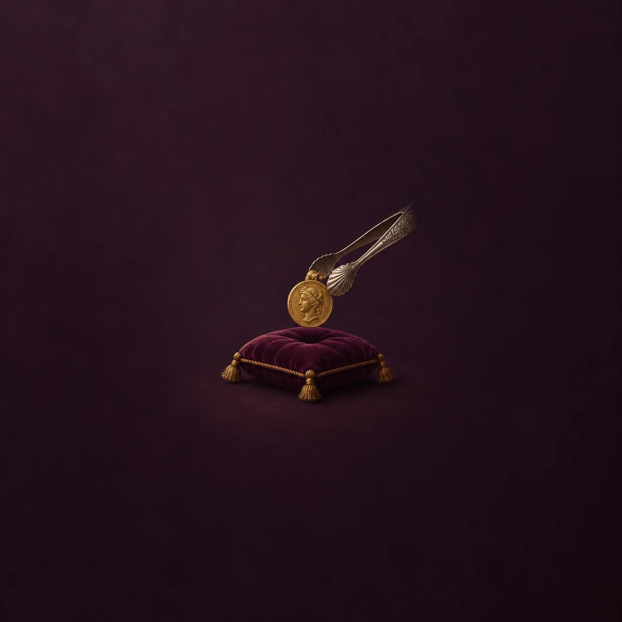 Silver tongs holding a gold coin above a plum velvet cushion with gold tassels.