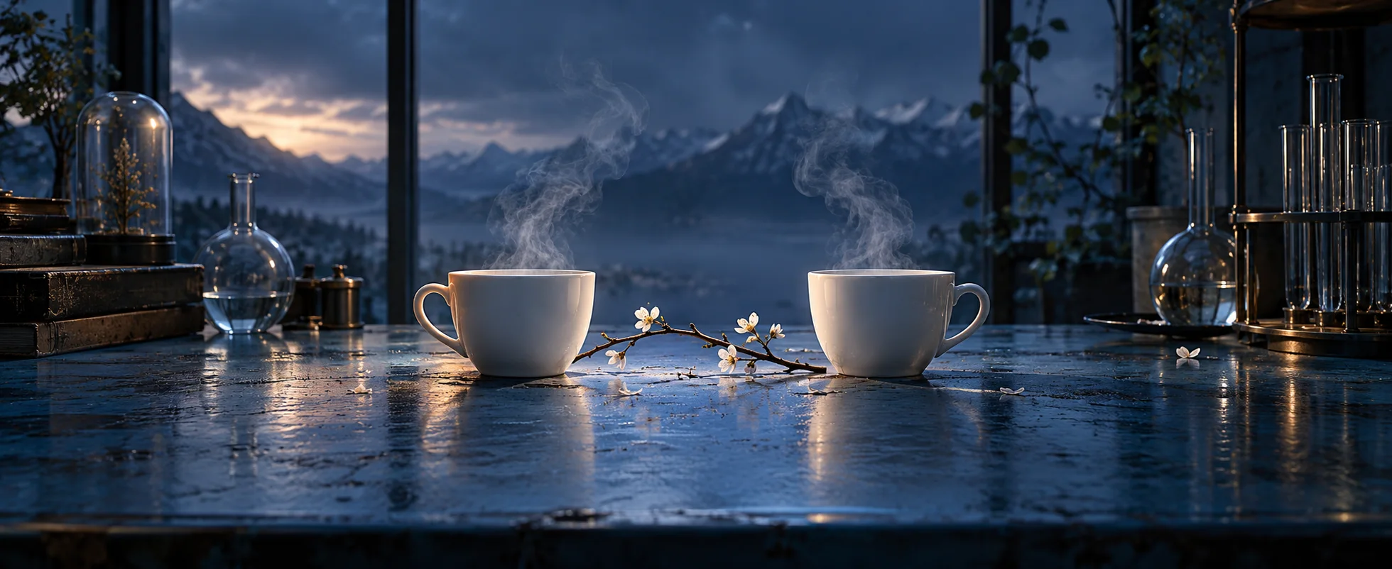 Two plain white cups stand across a narrow gap on a cold blue laboratory table.