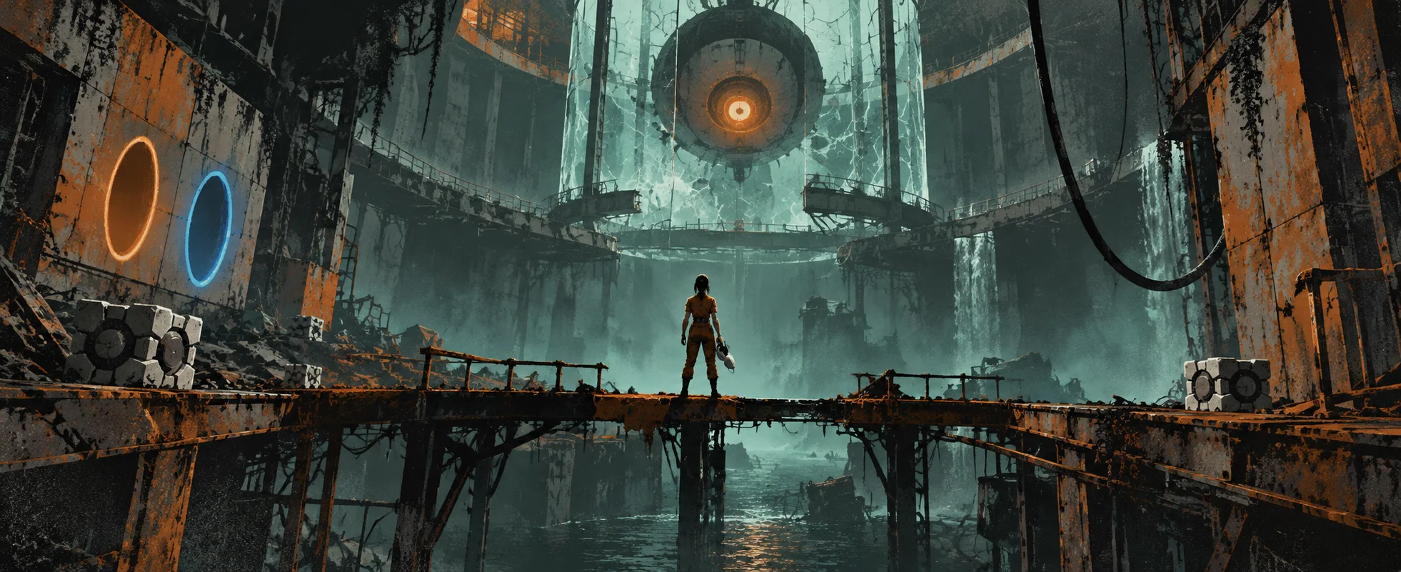 A lone test subject in an orange jumpsuit stands on a broken catwalk in a vast wrecked test chamber, portals glowing on the walls.