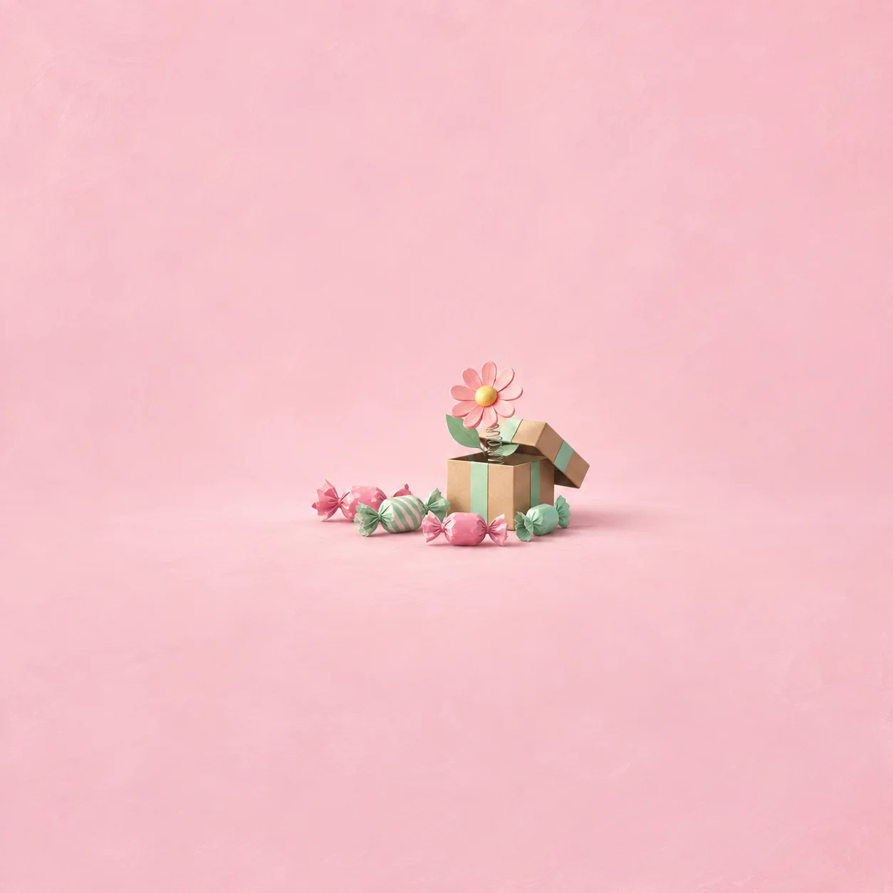 A pink paper flower rises from an open gift box surrounded by pink and mint wrapped sweets.