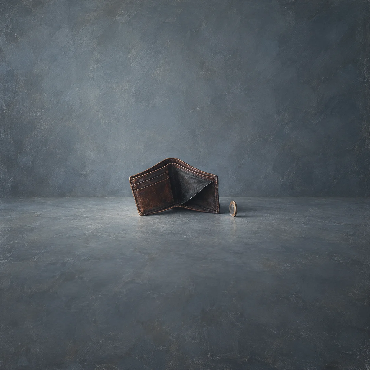 An open brown leather wallet lies beside a coin balanced on its edge against slate blue.