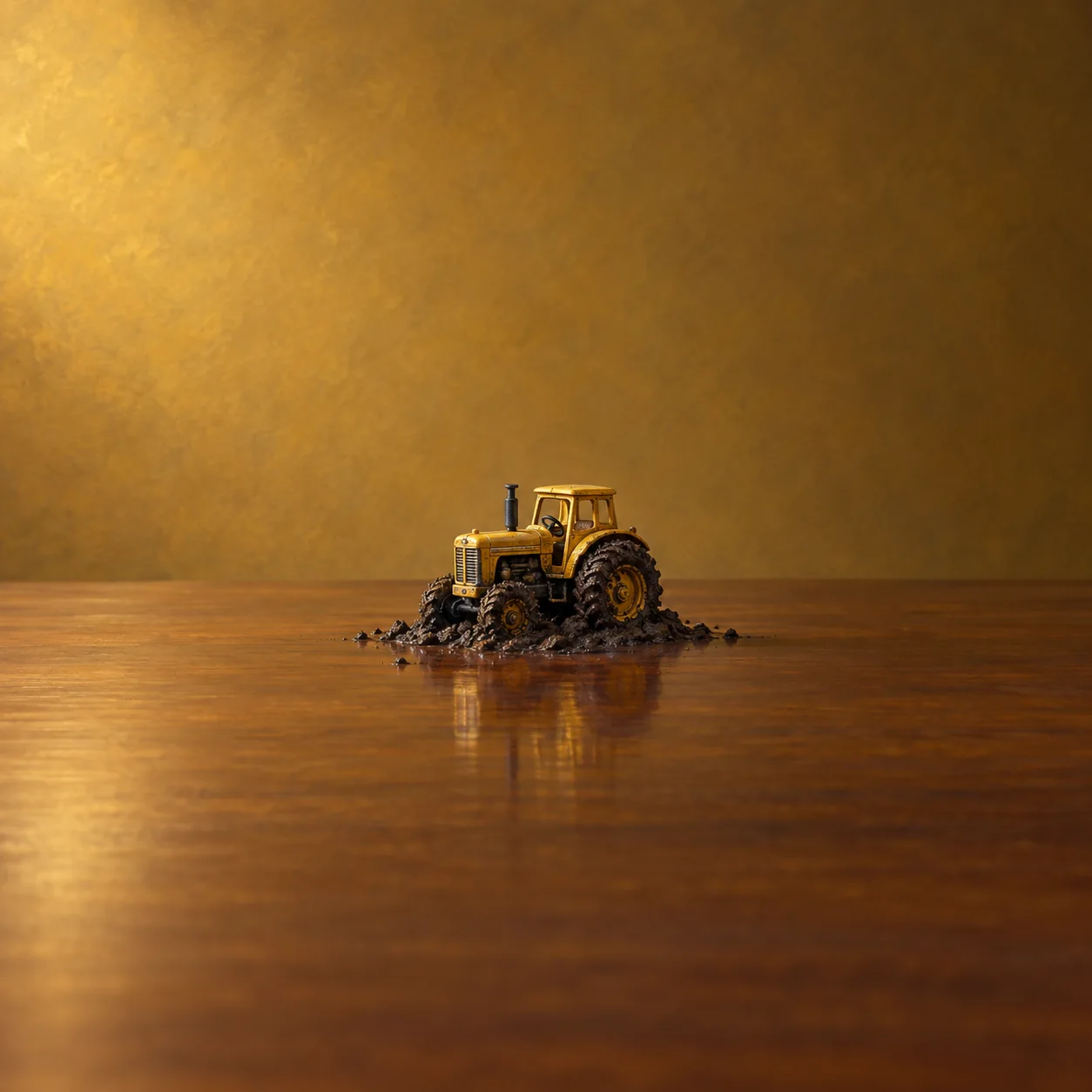 Painterly small yellow tractor stuck in a mound of dark mud on a polished wooden surface.