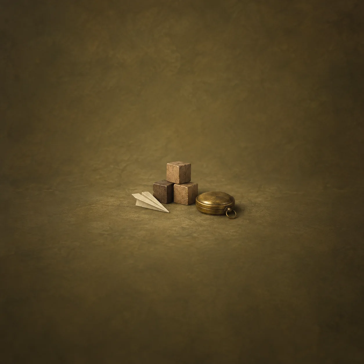 A folded white paper aeroplane rests beside three small wooden blocks and a closed brass compass on olive ground.