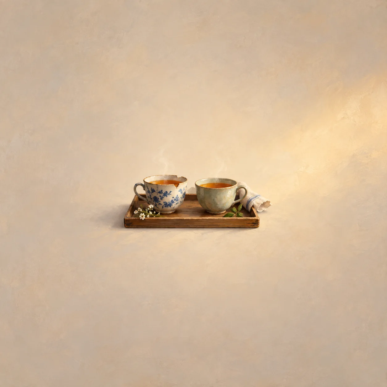 Two mismatched teacups sit together on a small wooden tray against a warm cream background.