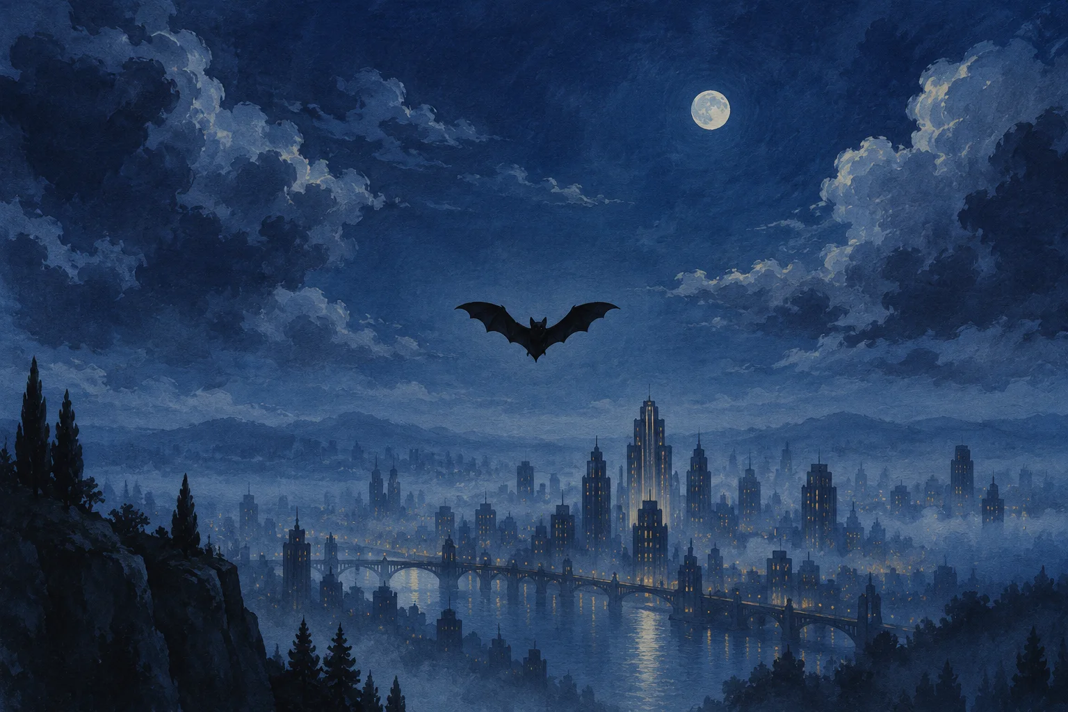 A small black bat spreads its wings above a misty city beneath a moonlit indigo sky.