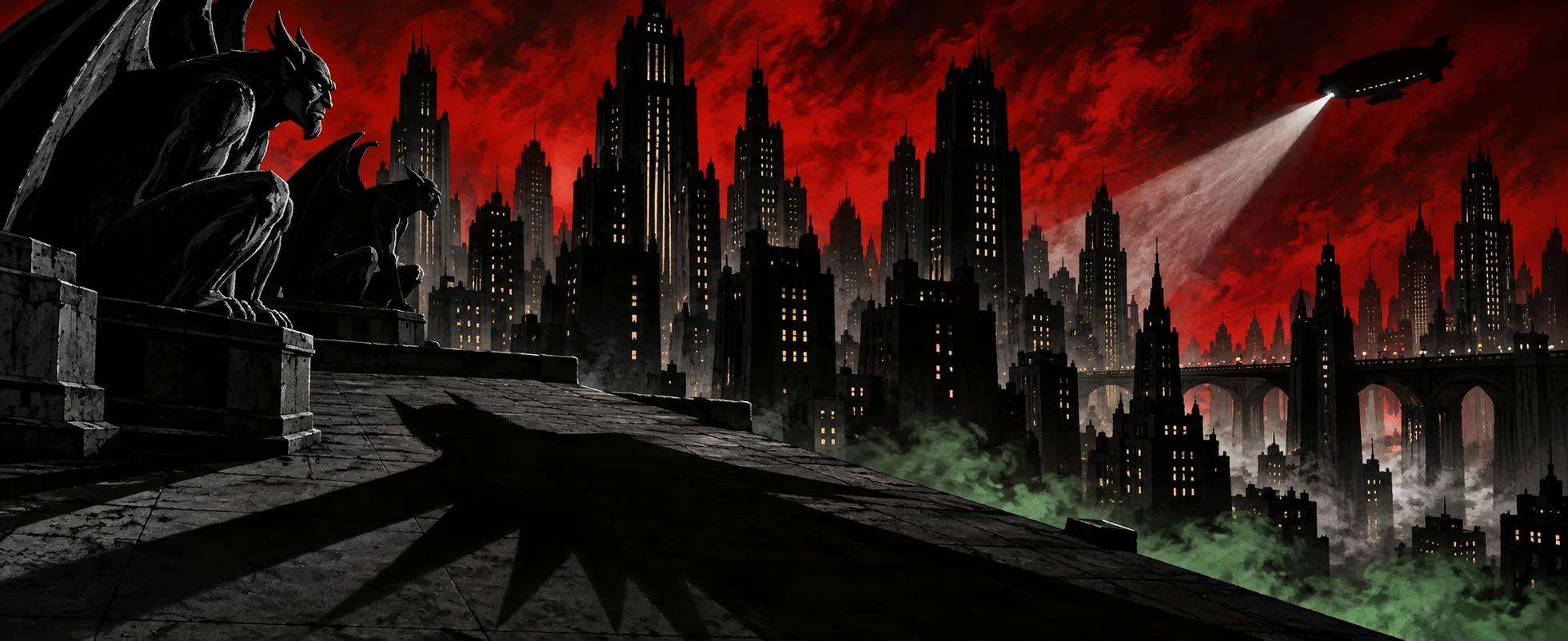 Stone gargoyles on a rooftop look over a black art-deco city under a blood-red sky, a police blimp's searchlight sweeping, a caped shadow across the roof.