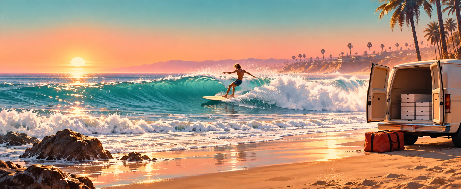 A surfer rides a wave at a Southern California sunrise while a delivery van stands open on the sand.