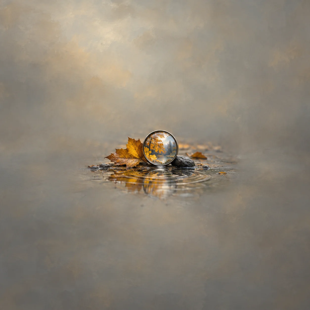A small round lens reflects golden autumn leaves beside a rippling puddle on gray ground.
