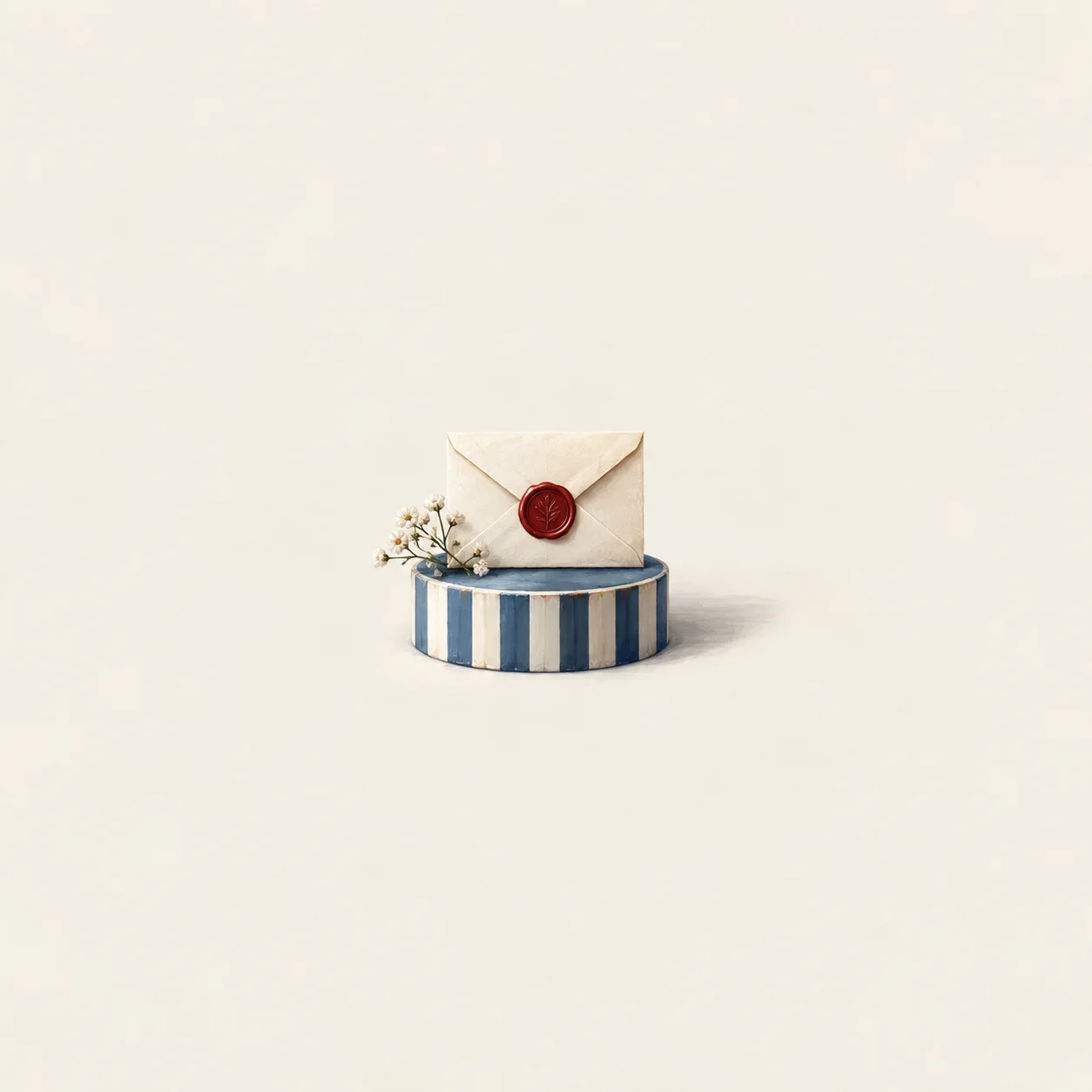 A cream envelope with a red wax seal on a small blue-and-white striped pedestal.