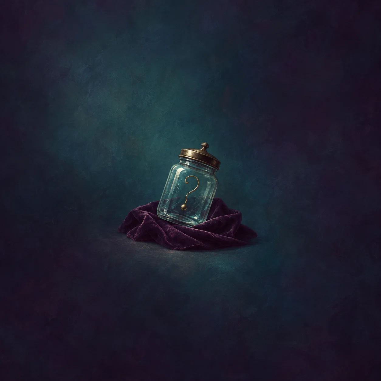A tilted glass jar containing a golden question mark, resting on plum velvet.
