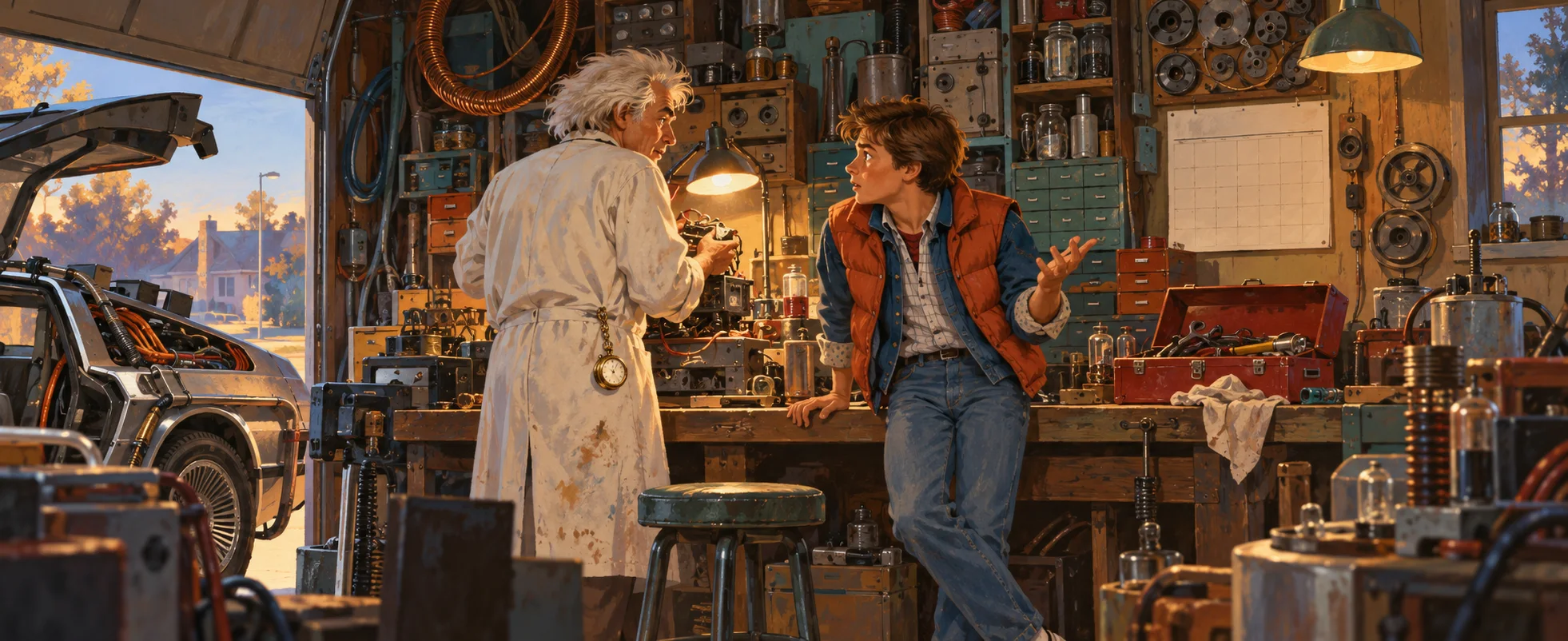 A wild-haired scientist and a teenager in a red vest talk in a cluttered garage workshop.