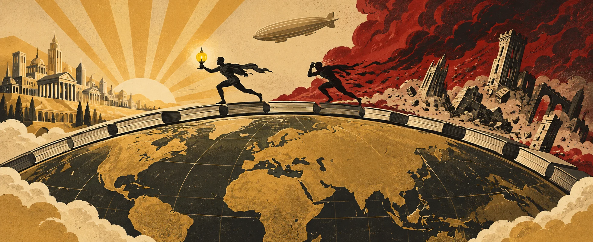 Two runners race along a road wrapped around a globe, one with a torch toward a sunlit city, the other toward a city in ruins and smoke.