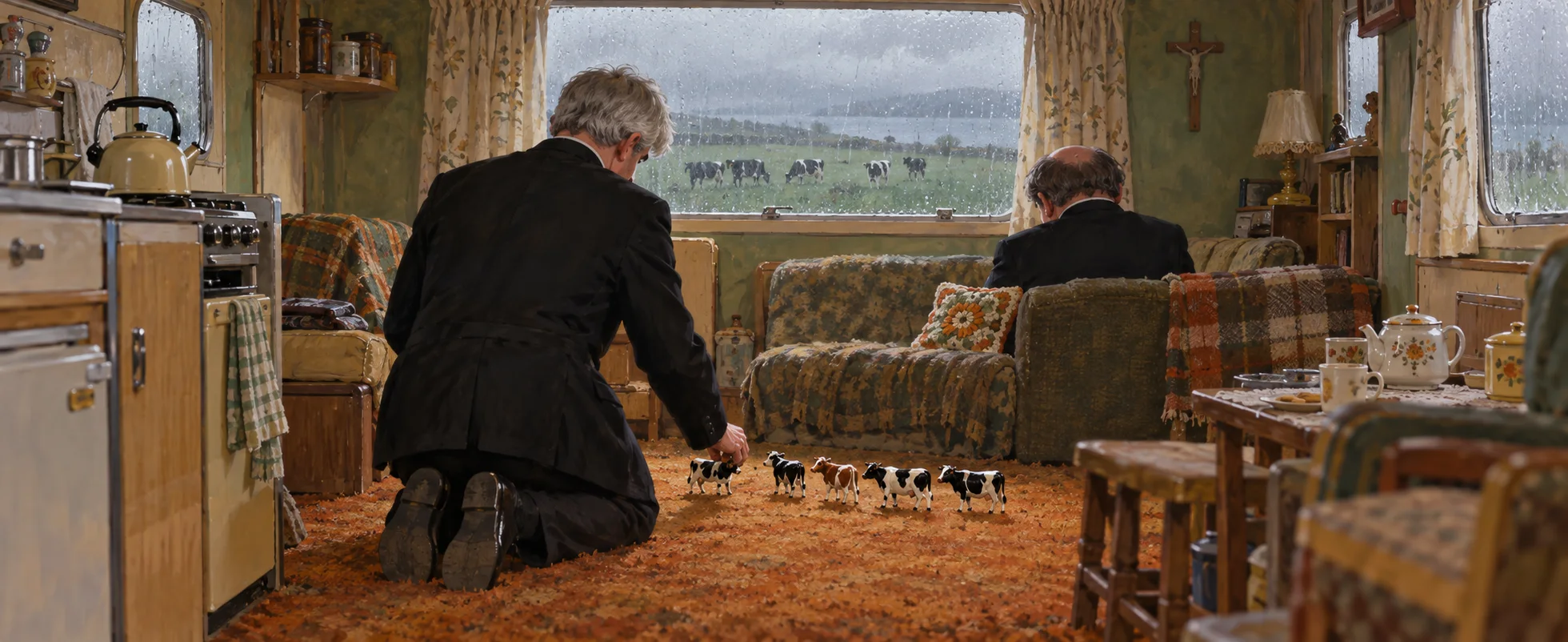 A priest kneels arranging tiny toy cows on a caravan floor while another sits by a rain-streaked window showing real cows far off.