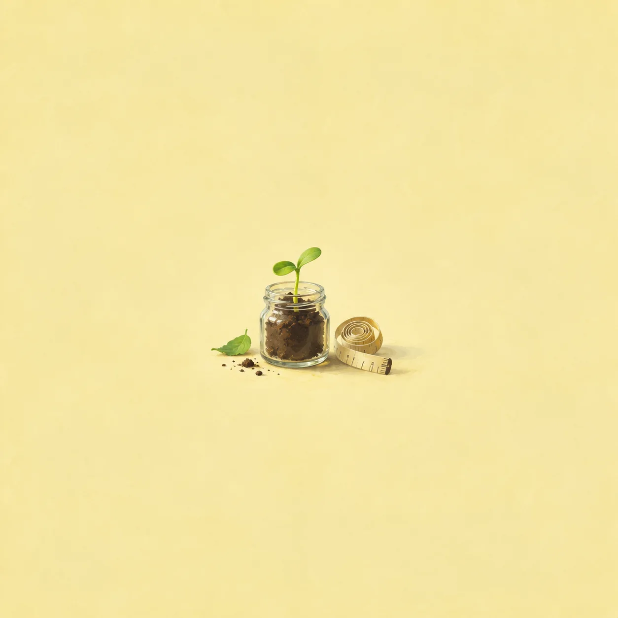 A glass jar of soil with a green sprout beside a coiled measuring tape.