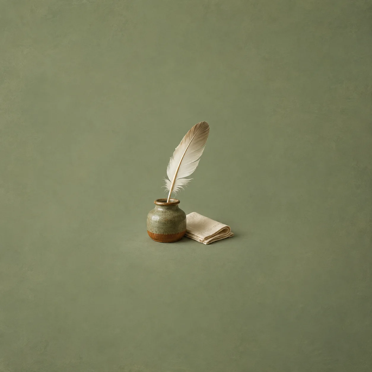 A pale feather stands in a small glazed ceramic pot beside a folded cream cloth against a green background.