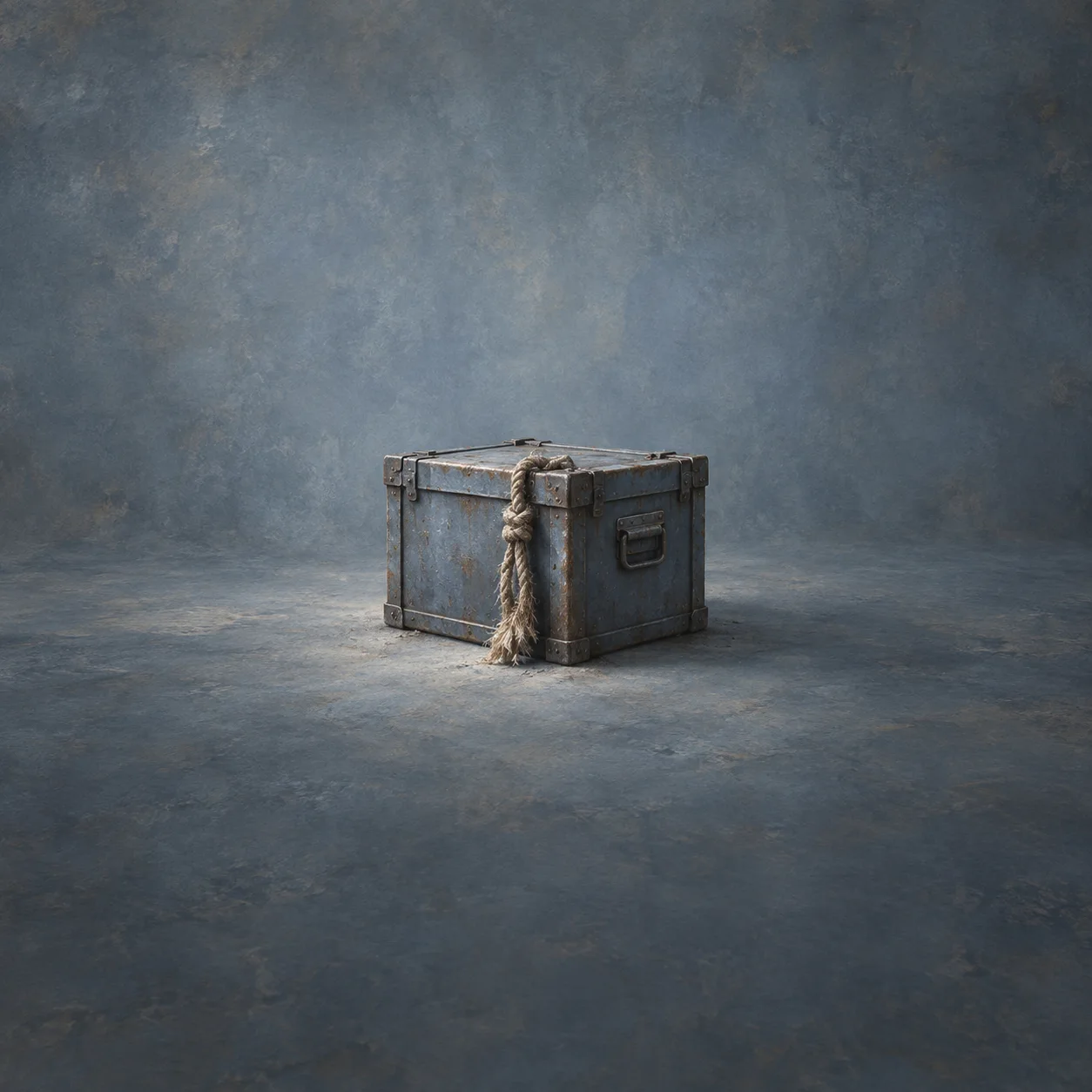 A frayed rope hangs down the corner of a battered blue-gray metal crate.