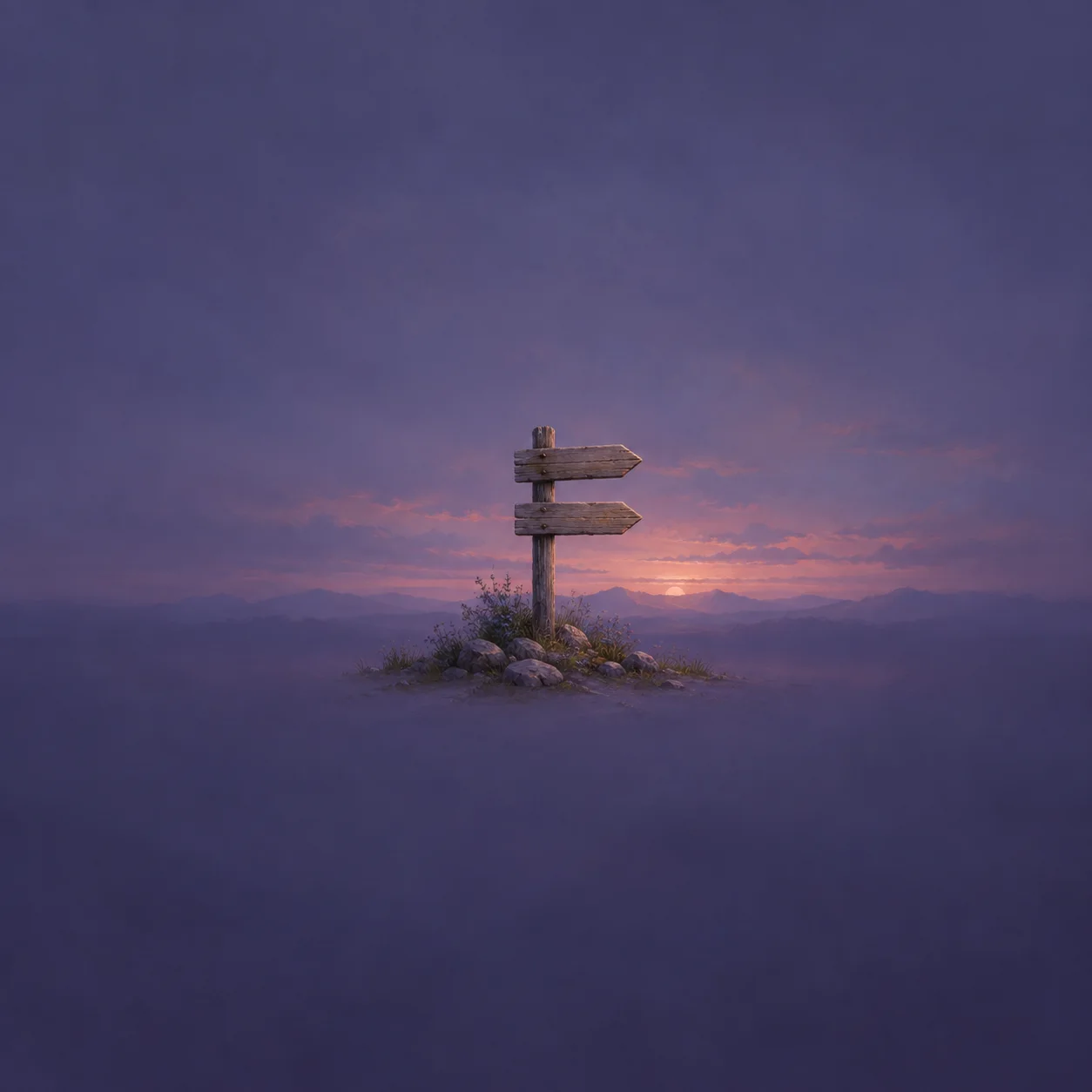 A weathered wooden signpost has two blank arrows pointing right above a rocky mound in a violet twilight landscape.