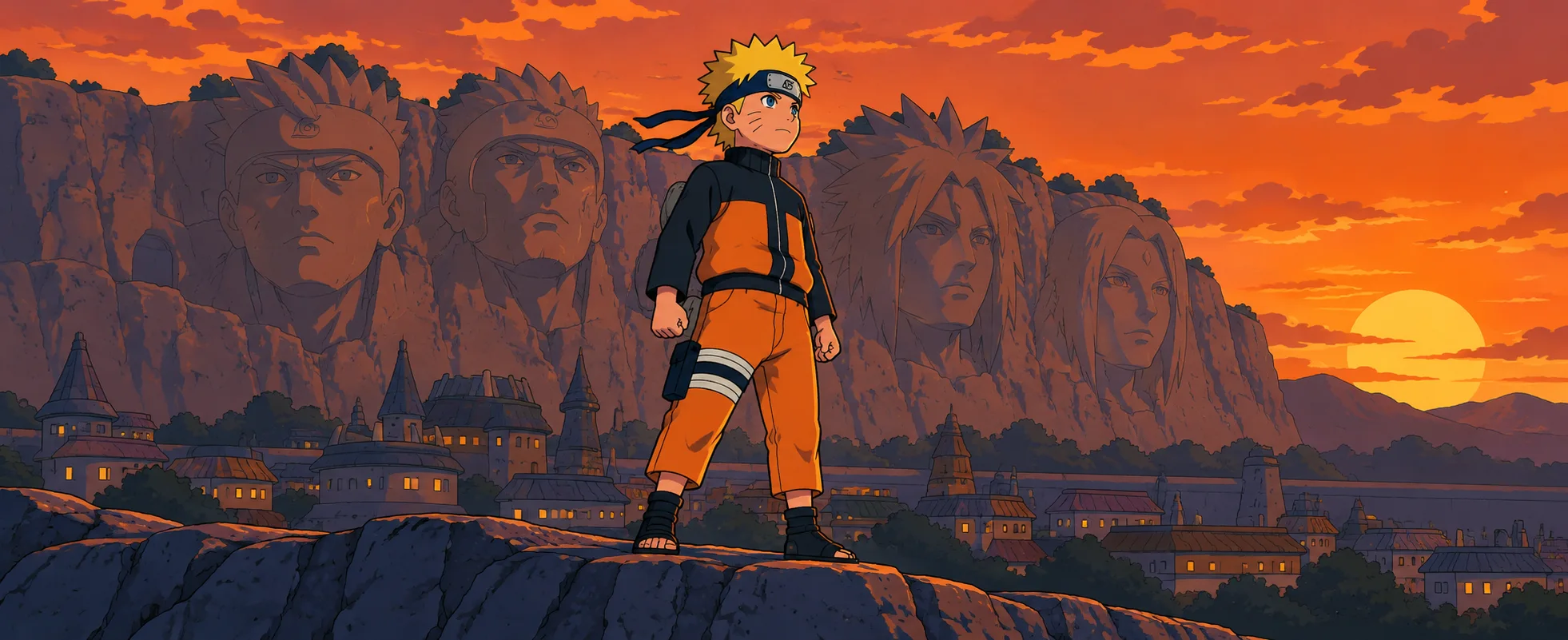 A spiky-haired blond boy in an orange-and-black jumpsuit stands on a cliff at sunset before giant stone faces carved into the mountain above his village.