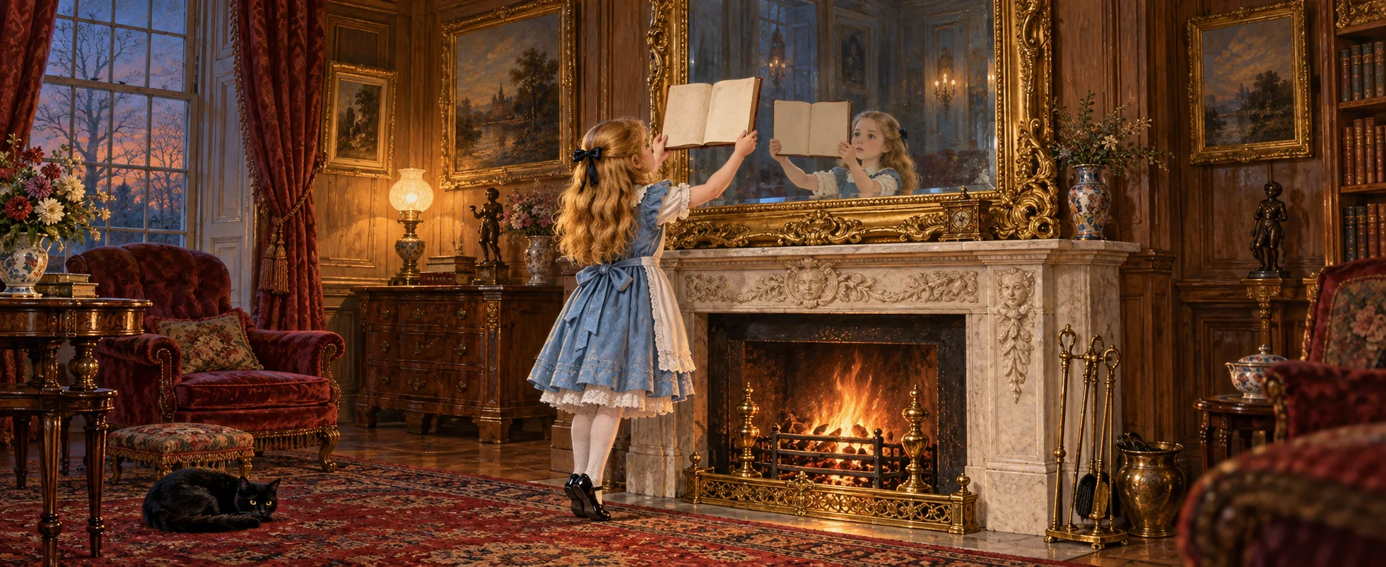 A girl in a blue pinafore holds up a book to a gilt mirror above a fireplace in a panelled drawing room, a black cat on the rug.