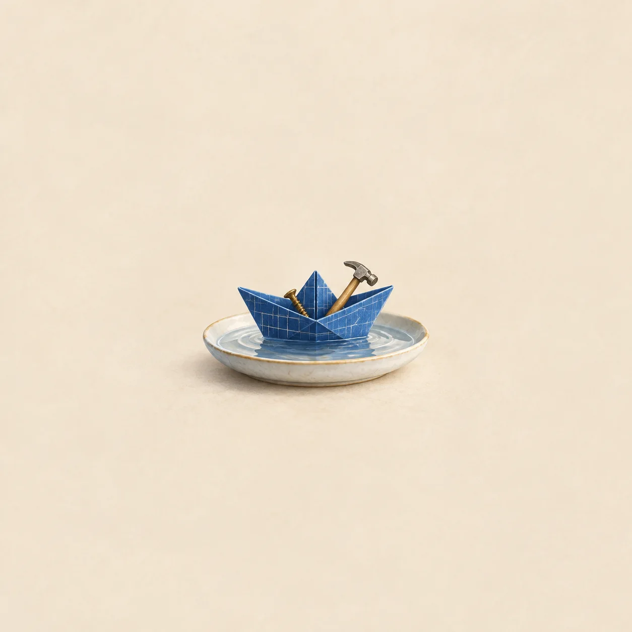 A blue paper boat holding a tiny hammer and a brass screw floats in a shallow dish of water.