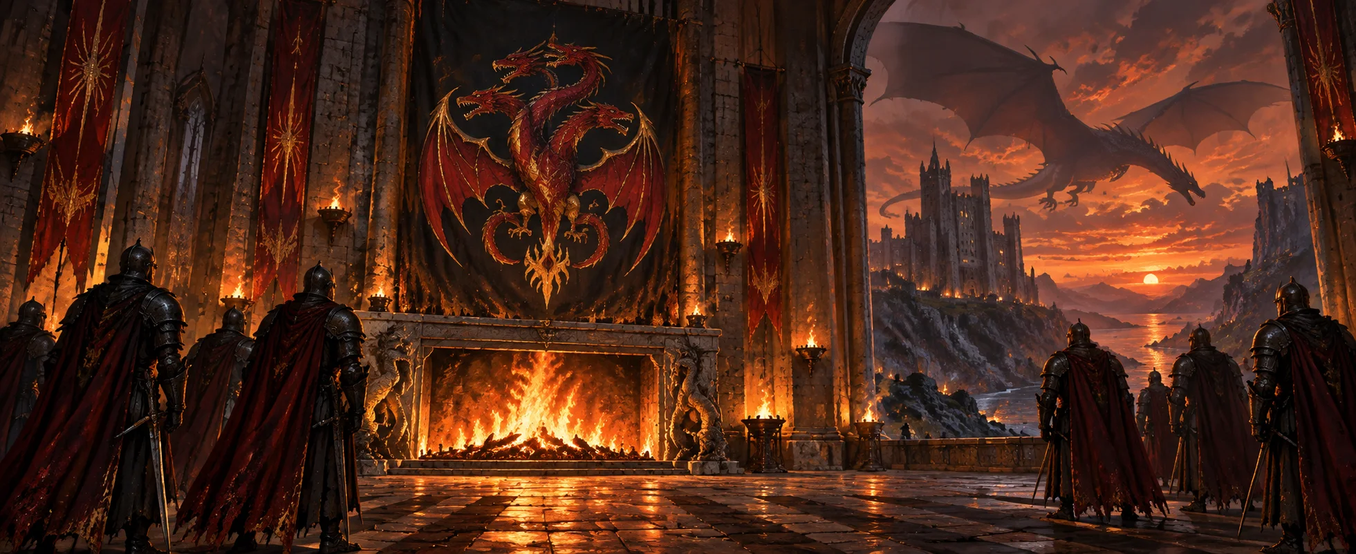 Armoured knights stand before a roaring hearth beneath a red three-headed dragon banner, a dragon flying over a castle at sunset beyond the archway.