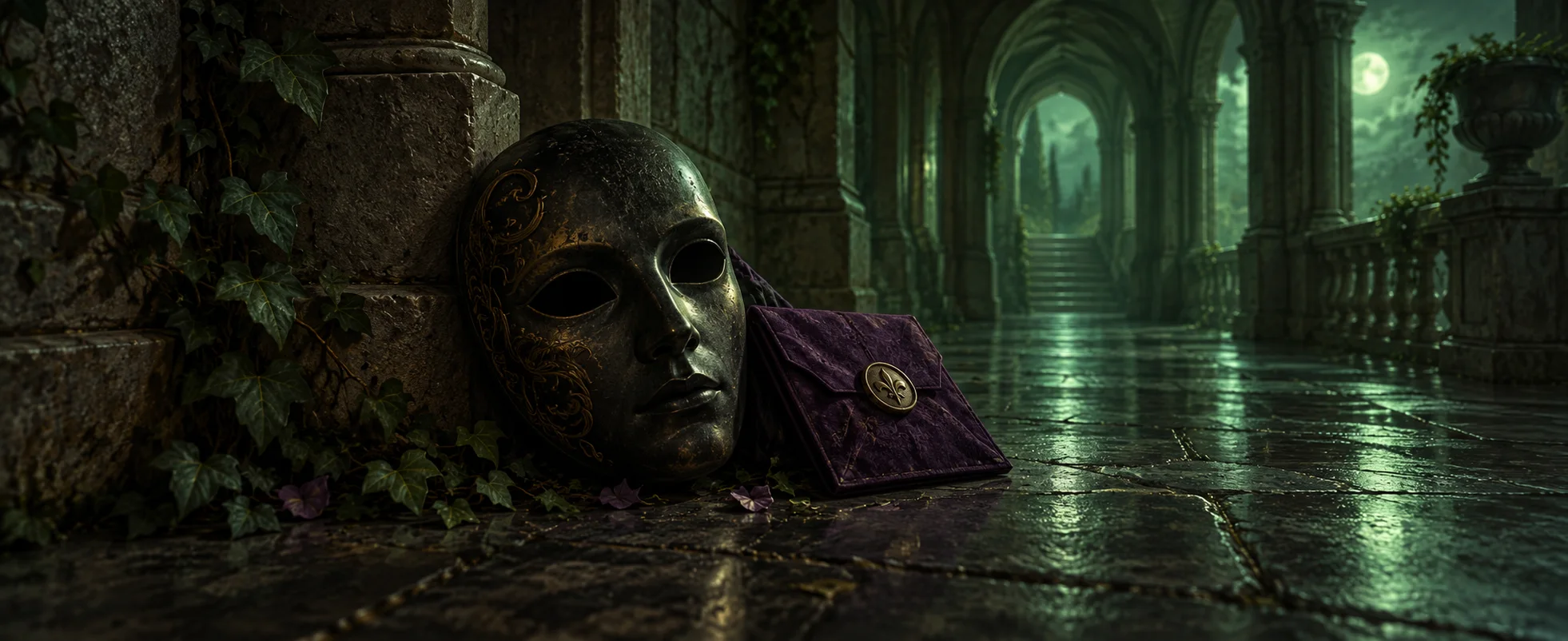 A dark theatrical mask rests beside a purple envelope with a gold seal in a green-lit stone corridor.