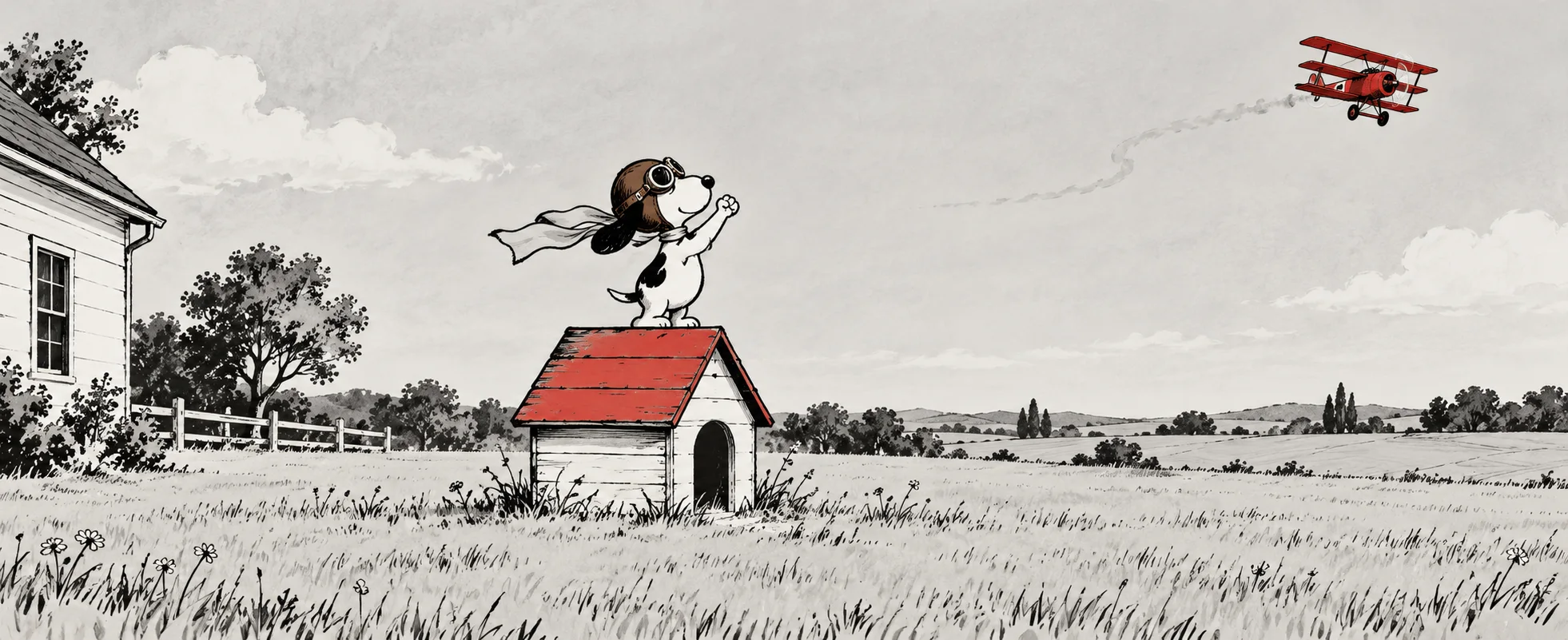 A beagle in a flying helmet, goggles and scarf shakes a fist from the roof of a red doghouse as a red triplane flies off, in newspaper-strip ink.