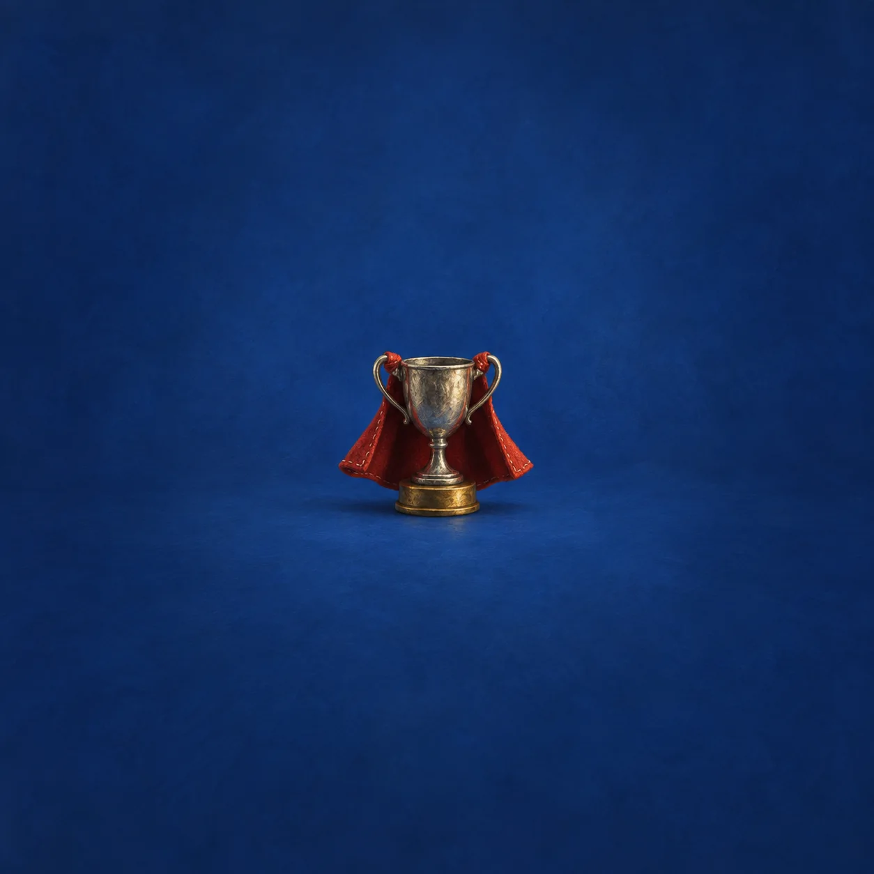 A small metal trophy with a red cape stands against cobalt blue.