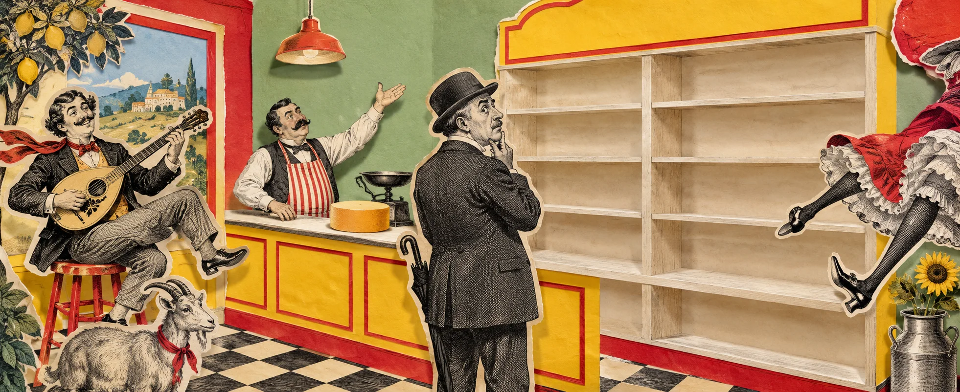 Terry Gilliam-style cut-out collage of a cheese shop with empty shelves: a bowler-hatted customer, a moustached shopkeeper in a striped apron, a man playing a bouzouki, a goat and a pair of dancing legs.