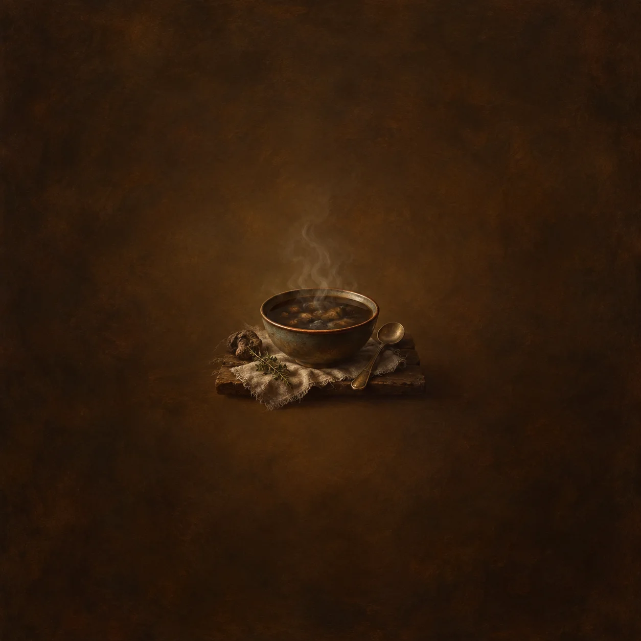 Steam rises from a bowl of dark soup resting on crumpled cloth.