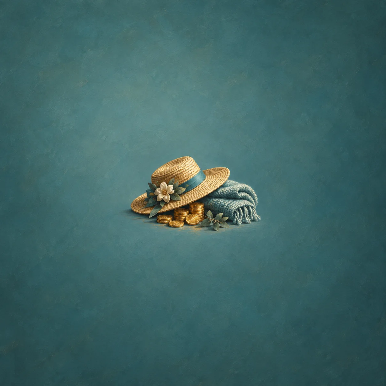 A straw sunhat on a small pile of gold coins beside a folded teal blanket.