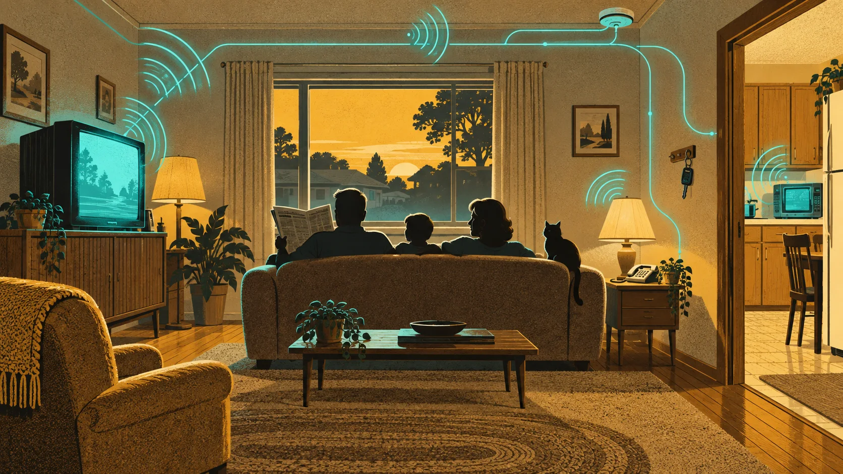 A family sits on a sofa in a 1990s living room as glowing lines trace signals through the television, microwave, phone and car key.
