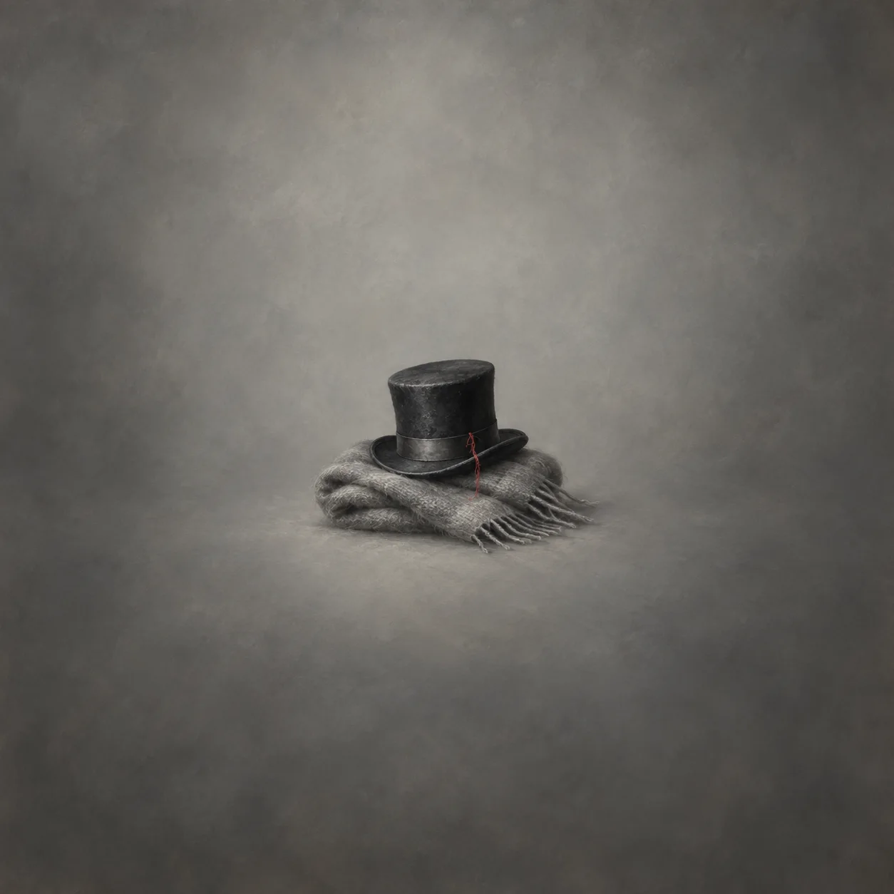 A small black top hat with a trailing red thread rests on a folded grey scarf.