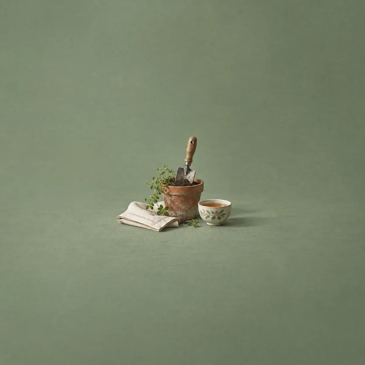A small trowel standing in a pot of soil beside a folded white napkin and a tea cup on a sage-green cloth.