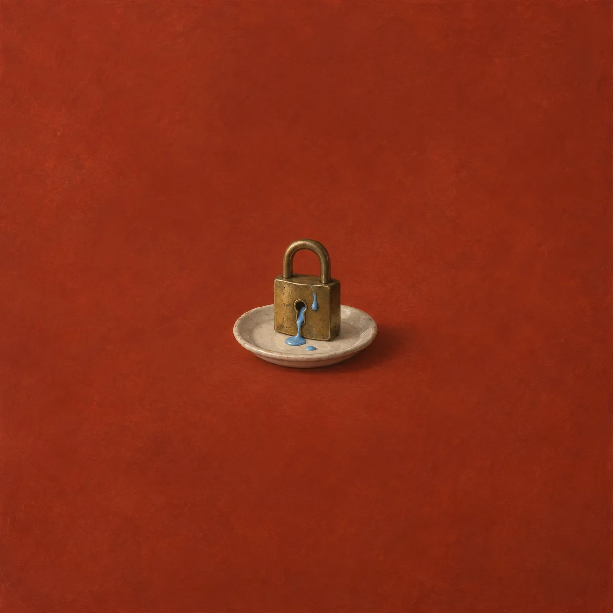 A closed brass padlock with drops of blue paint seeping out of it onto a saucer on a rust-red surface.