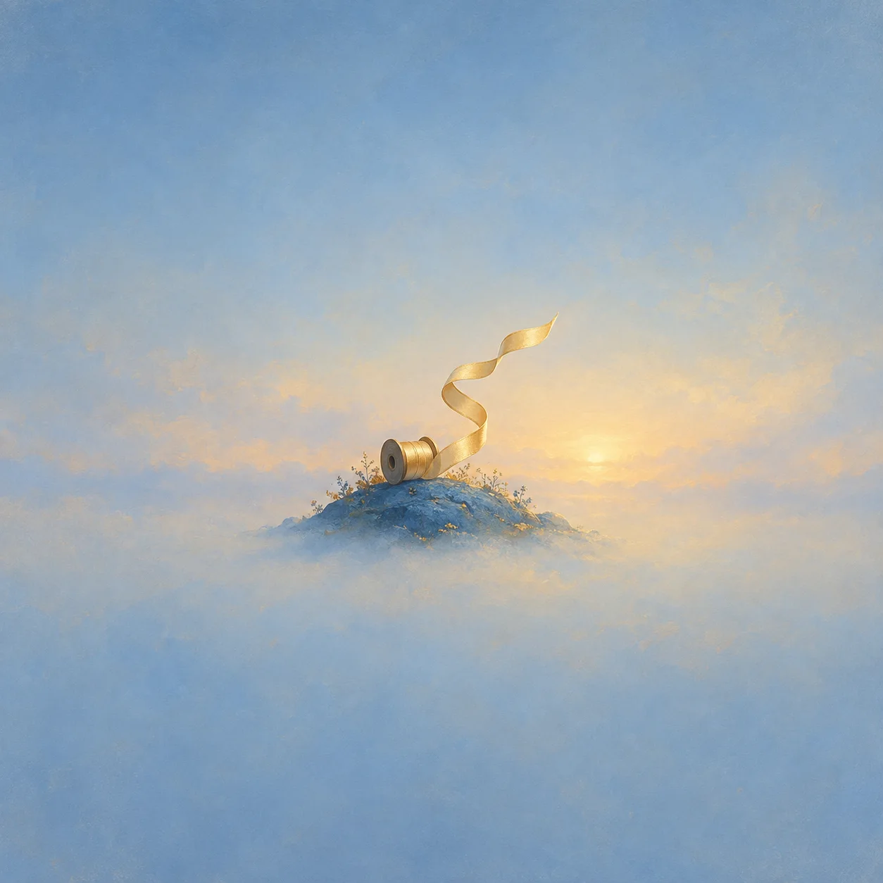 Gold ribbon curls upward from a spool on a small blue hill beneath a pale sky.