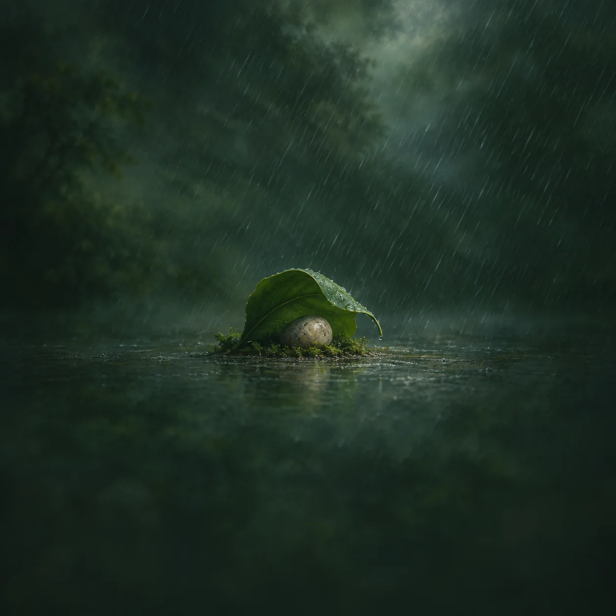 A broad curved green leaf covering a small pale pebble while diagonal rain falls, on a deep forest-green background.