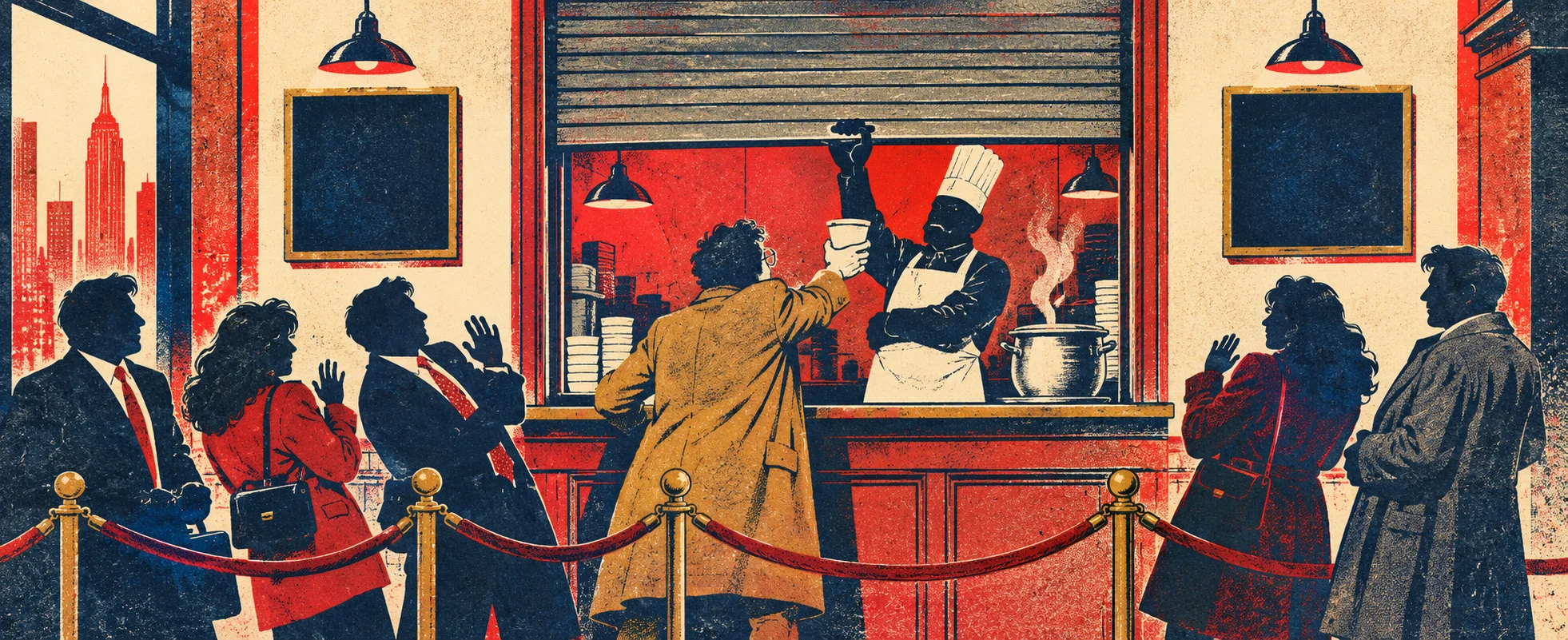 Retro print-style illustration of a cramped Manhattan soup counter: a stern cook in a white apron and toque works behind the half-shuttered hatch while a roped-off queue of 1990s New Yorkers recoils from the window.