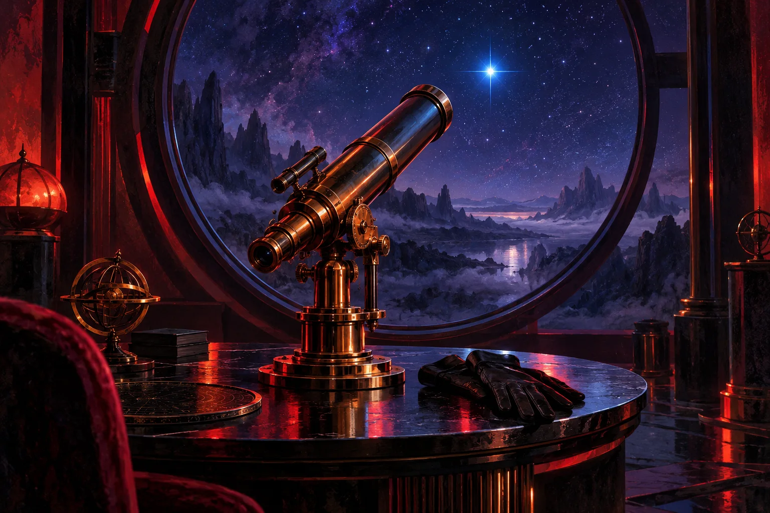 A brass telescope points towards a bright blue star, with black gloves on the table and crimson light in the observatory.