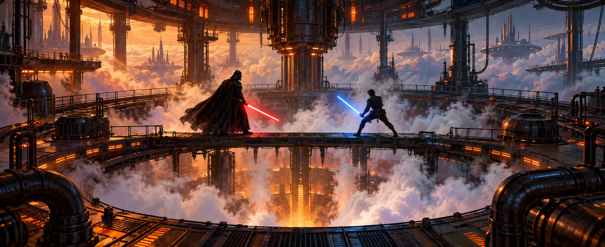 Two duellists, one in black armour with a red blade, face each other through billowing steam in a carbon-freezing chamber.