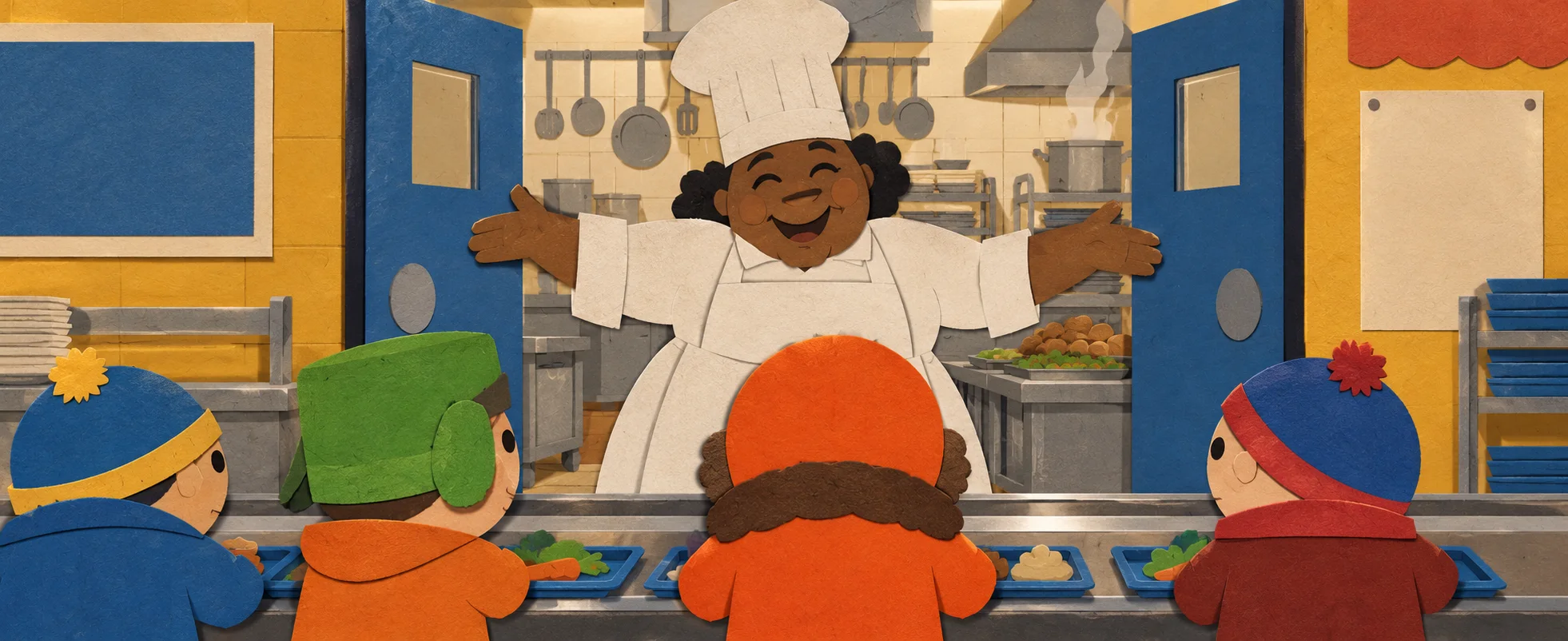 Cut-paper style illustration of a big, smiling school cook in whites and a tall chef's hat greeting four small boys in parkas and woolly hats at the cafeteria counter.