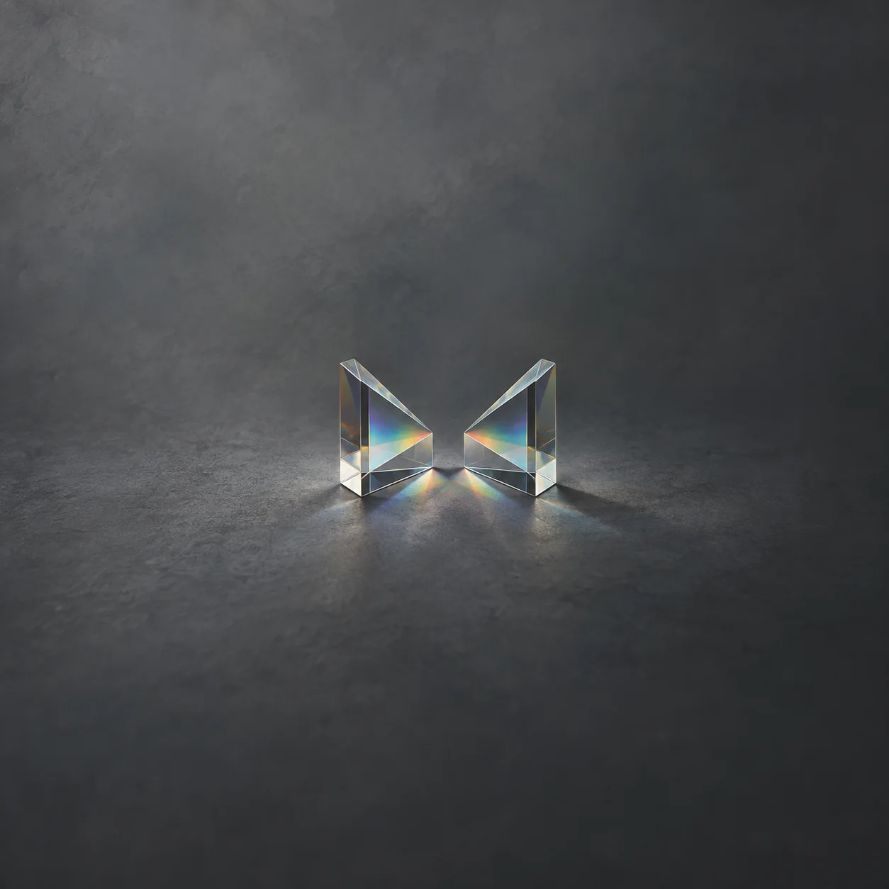 Painterly two inward-facing glass prisms casting small rainbow reflections on charcoal grey.